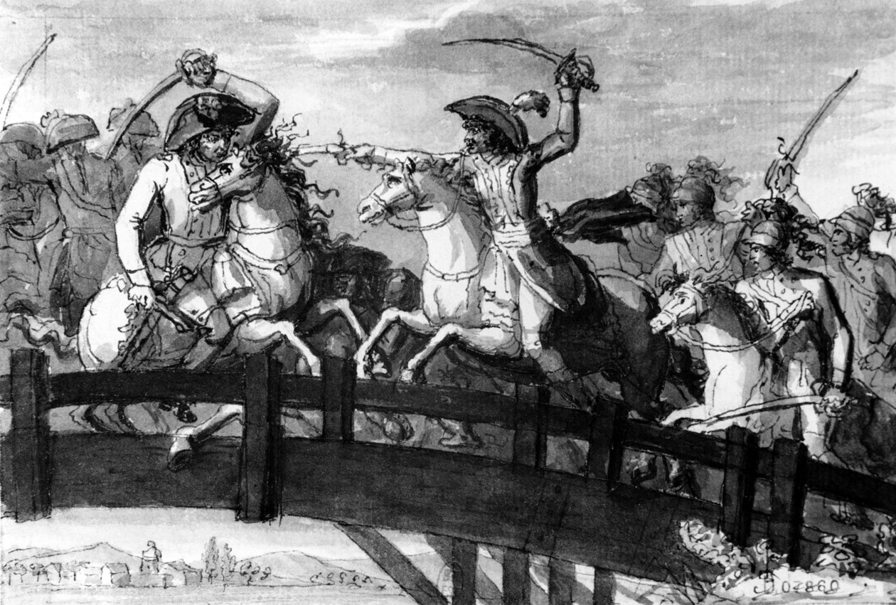 General Alexandre Dumas, Horatius Cocles i Tyrolen. dödade tre österrikiska motståndare på egen hand på Clausenbron 1797, ca 1797 (gouache) av French School