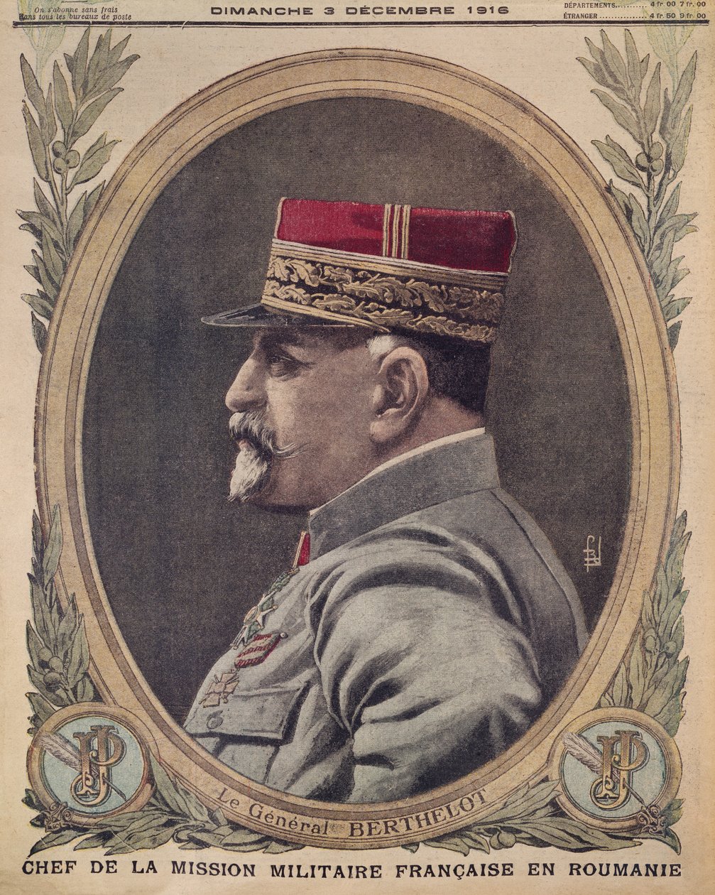 General Berthelot, chef för den franska militäruppdraget i Rumänien, framsidans illustration från Le Petit Journal, bilaga illustre, 3 december 1916 av French School