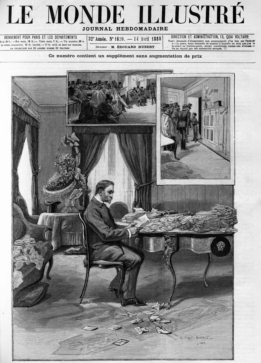 General Georges Boulanger (1837-1891) på Hotel du Louvre fortsätter med granskningen av korrespondensen i "Le Monde illustrious" 1888. av French School