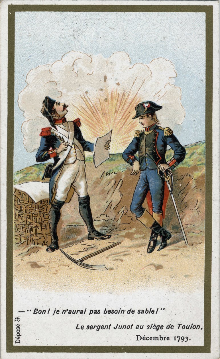 General Jean Andoche Junot (Jean-Andoche) (1771-1813), hertig av Abrantes som skrev ett brev till Napoleon Bonaparte vid belägringen av Toulon i december 1793. En brittisk boll täckte underofficer Jugnots papper med mark: "Tja", sa han, "Jag behöver inte s av French School