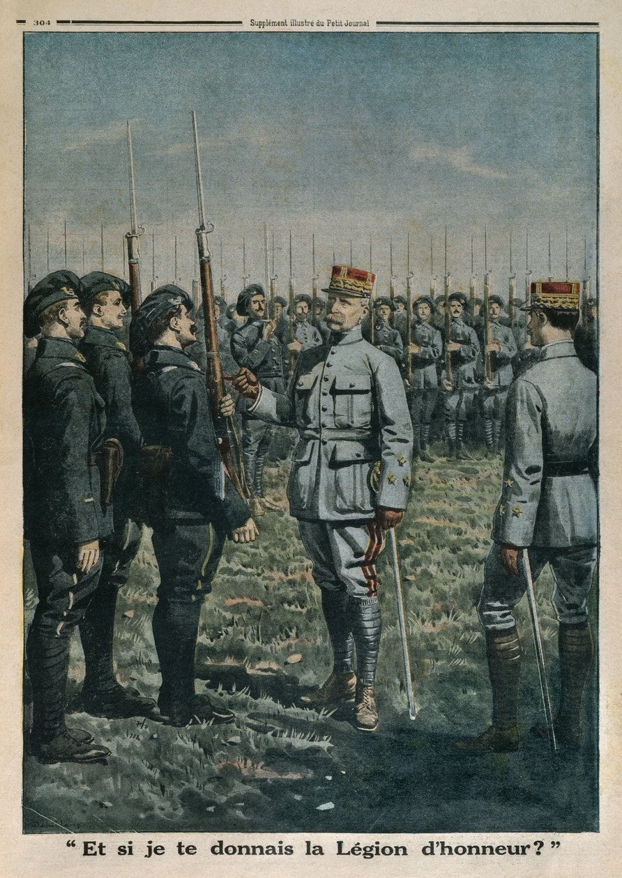 General Petain inspekterar 42:a bergsinfanteristregementet, och tänk om jag ger dig hederslegionen, illustration på baksidan från Le Petit Journal, bilaga illustre, 23 september 1917 ( av French School