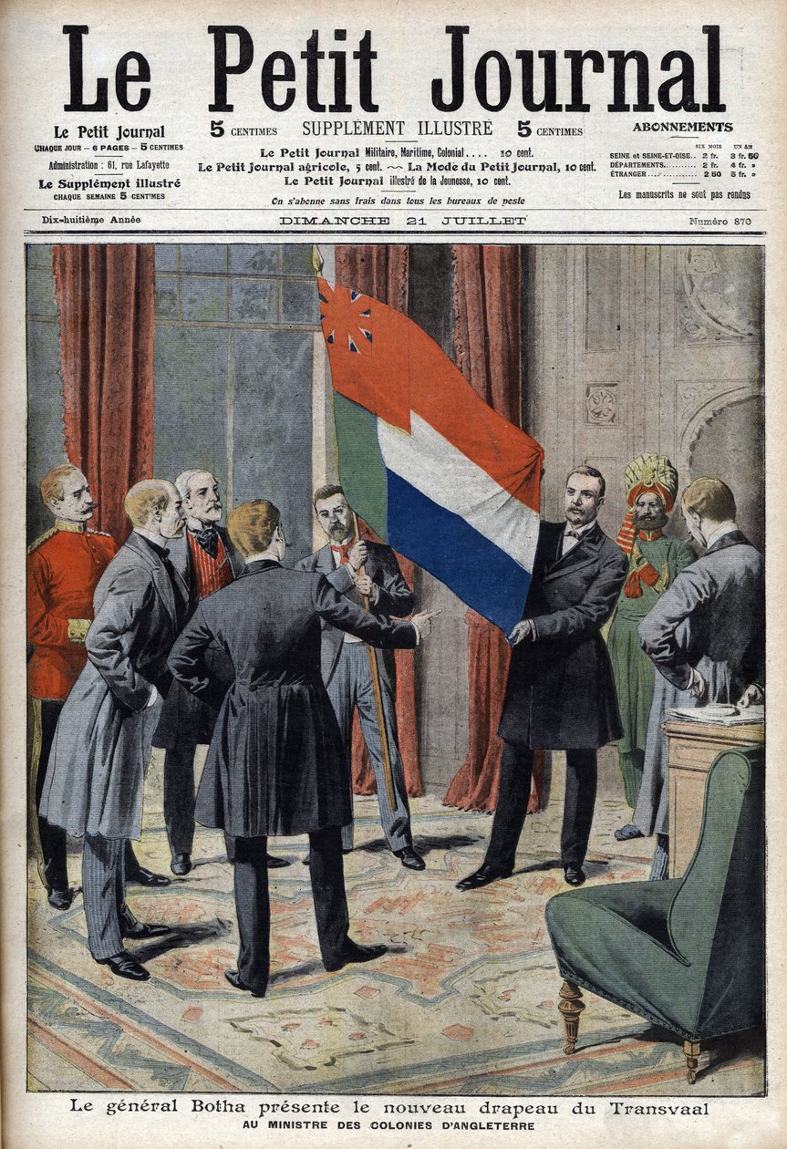 General Pieter Willem Botha (en Boer) presenterar Transvaals (Sydafrikas) nya flagga till den engelske kolonialministern Lord Elgin - I "Le Petit Journal" den 21 juli av French School