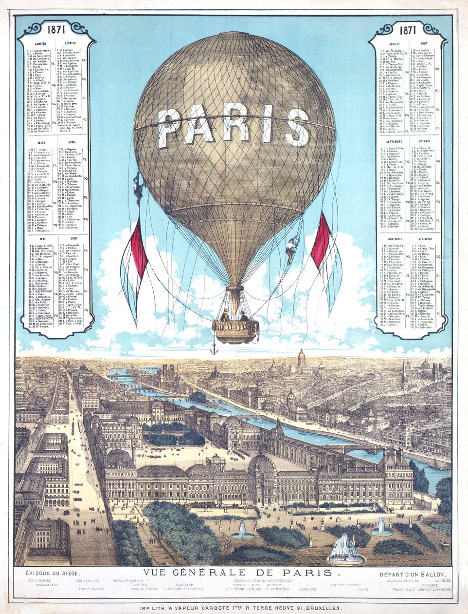 Allmän bild av Paris och lista över ballongernas avgångsplatser under belägringen i Paris, 1871 av French School