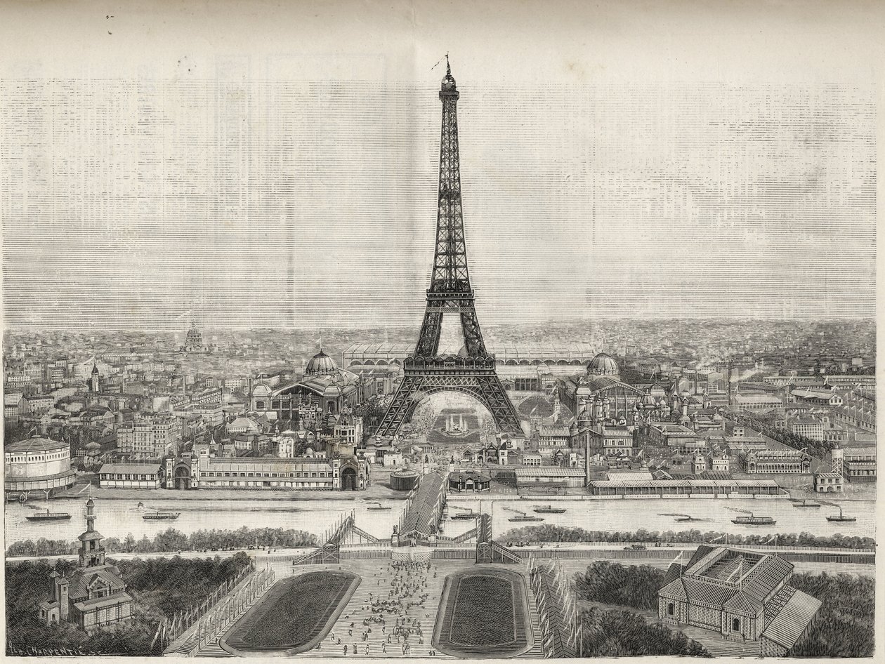 Översikt över världsutställningen i Paris 1889 med Eiffeltornet från Trocadero, gravyr - Översikt över världsutställningen i Paris 1889 med Eiffeltornet, gravyr i Le Monde illustrious de 1889 av French School