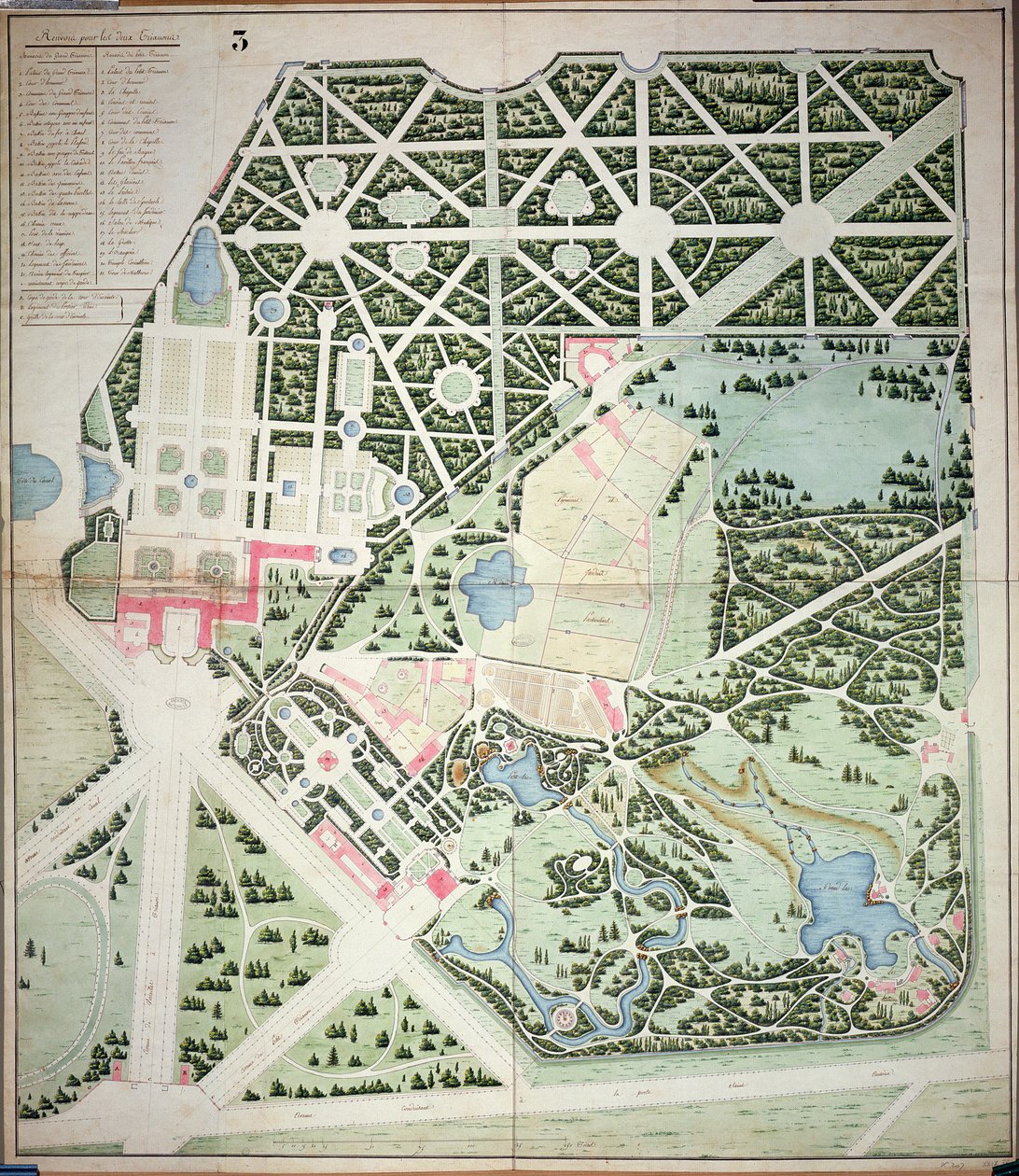 Översiktsplan över parkerna i de två Trianonpalatsen, Versailles, tidigt 1800-tal (penna & bläck och wc på papper) av French School