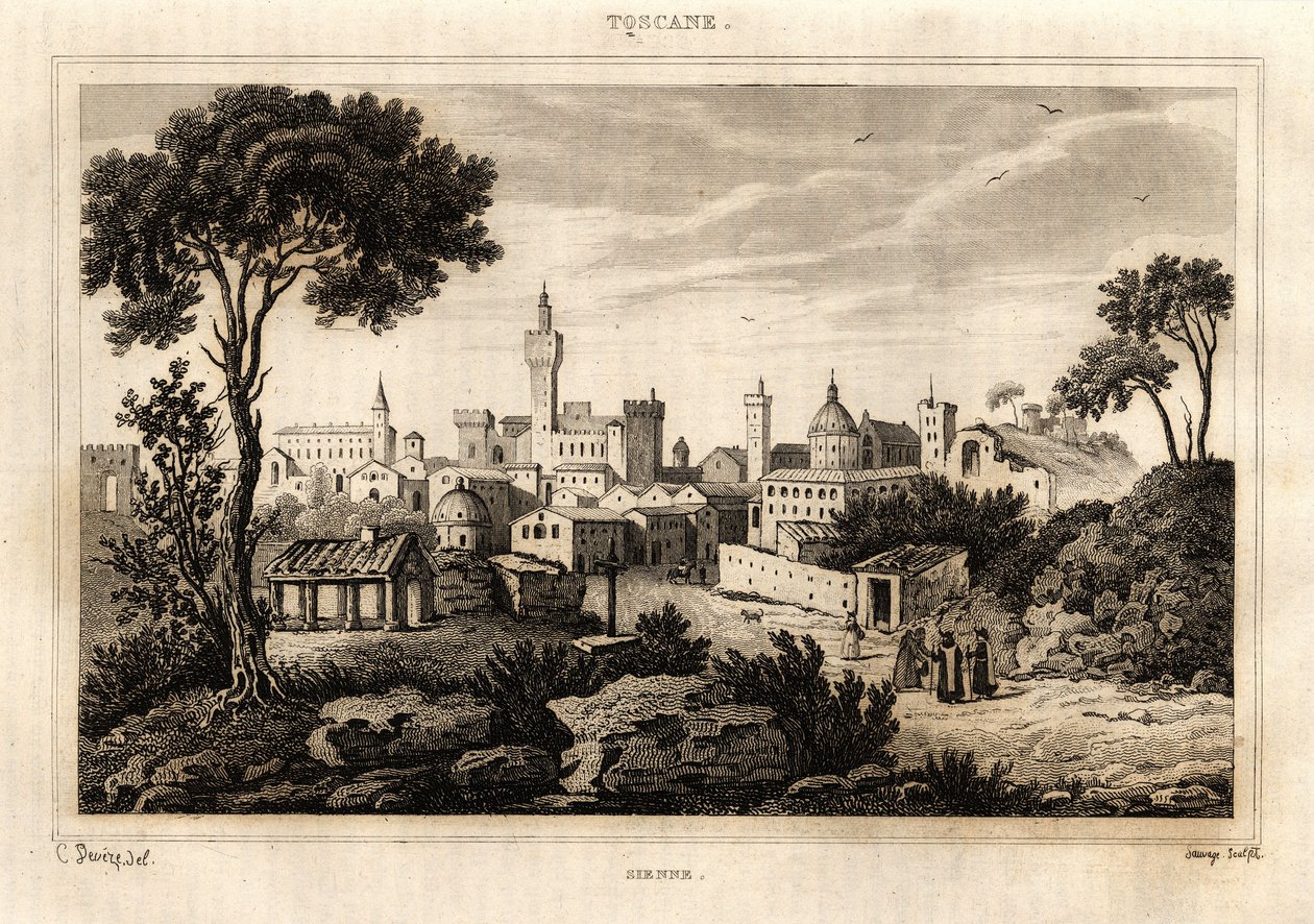 Allmän vy av Siena (Siena) i Toscana, gravyr av C. Deveze i "Italien pittoreska", Amable Coste redaktör av French School