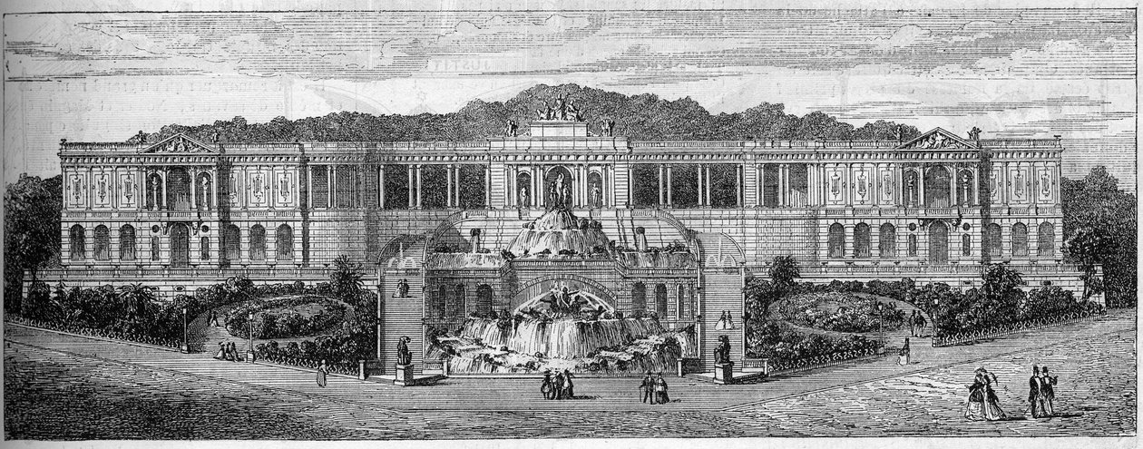 Allmän bild av Palais de Longchamp i Marseille, Bouches du Rhone (13), som det hade föreställts av Frederic Auguste Bartholdi (1834-1904) 1859. Gravyr i "" Le Monde Illustré"" nr 681 den 30 april av French School