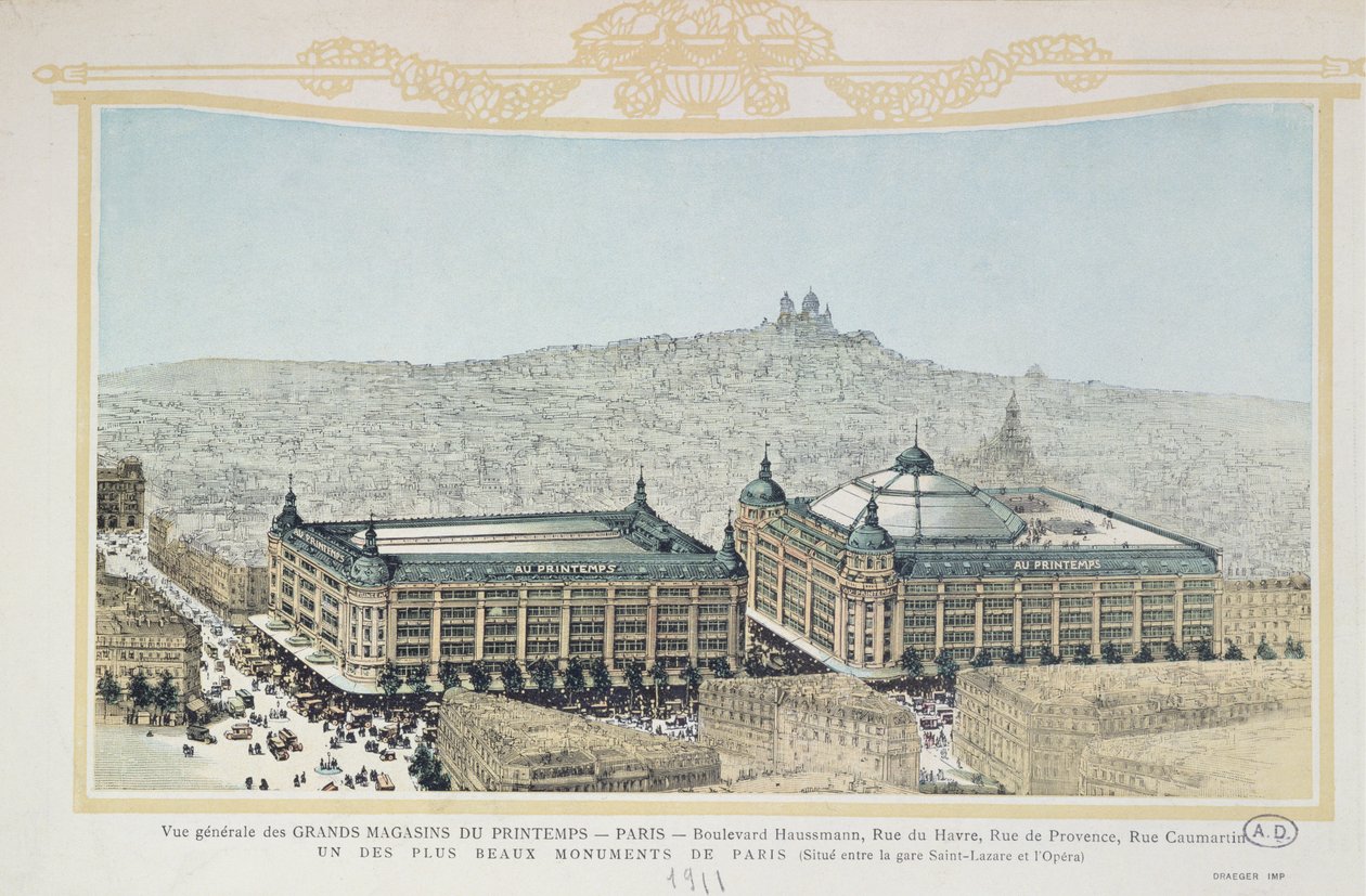Översikt över det parisiska varuhuset Printemps, 1911 av French School