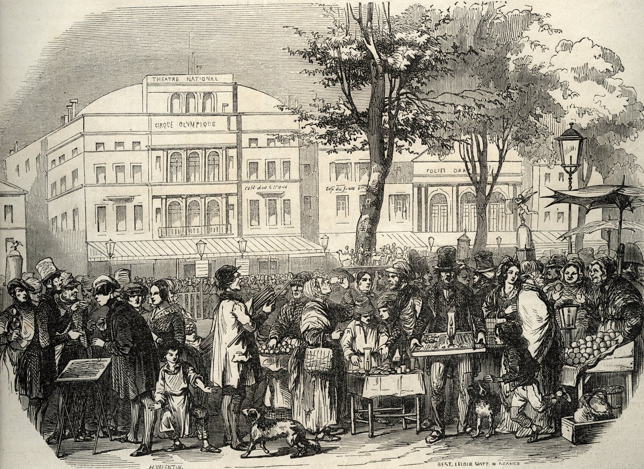 Allmän vy av boulevard du Temple i Paris - gatuförsäljare - Paris - Allmän vy av boulevard du Temple - Ambulanter för köpmän - Gravyr i "Tableau-de-Paris" av Edmond Texier 1852 av French School