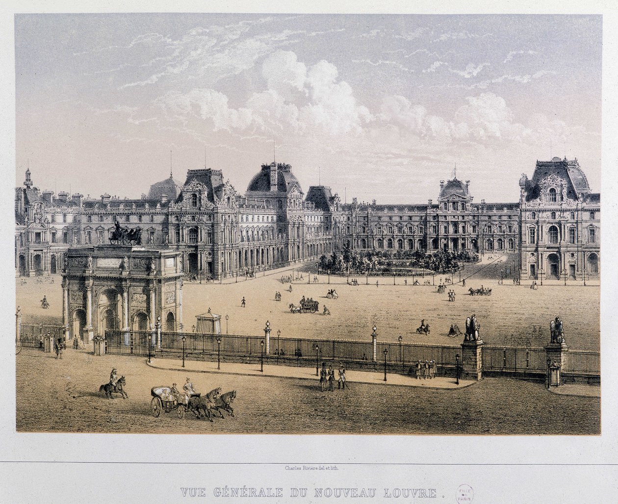 Översikt över det nya Louvren: Arc du Carrousel - Gravyr av 1800-talet. av French School