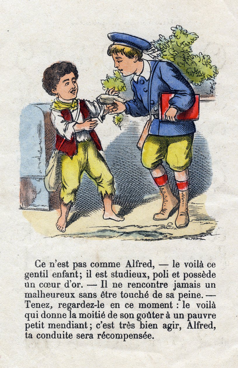 Generositet. Barn som ger hälften av sin smak till en liten tiggare. Små pojkar alfabetet. Abecedary har moraliskt värde som innehåller läsövningar. Epinal avbildning sent 1800-tal av French School