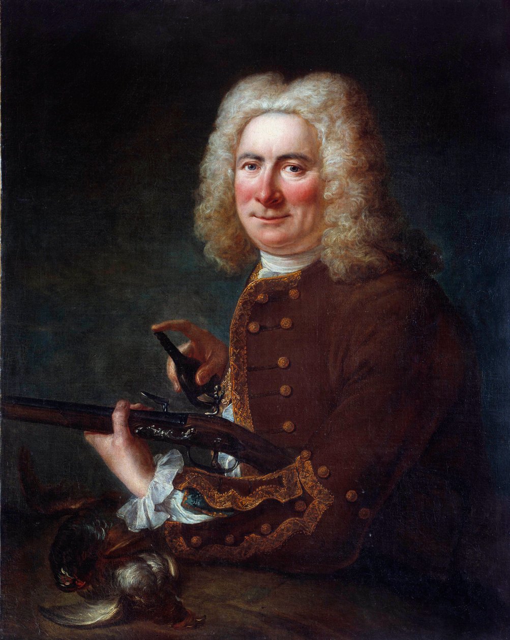Gentleman med ett flintgevär. Anonym målning från 1700-talet. Gien, Musee de la chasse - Gentleman med en flintlåspistol. Anonym målning från 1700-talet. Jaktmuseet, Gien, Frankrike av French School