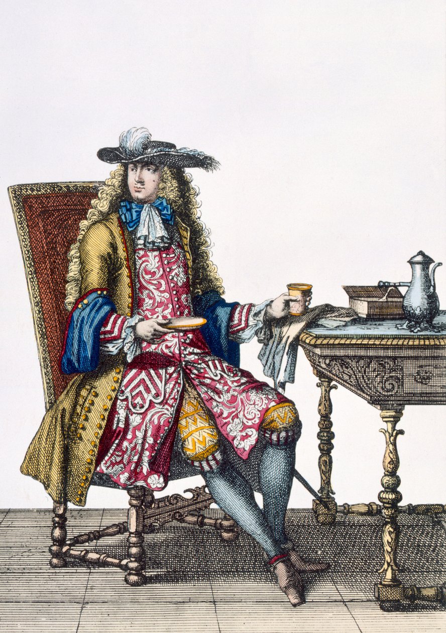 Gentlemans utarbetade outfit, 1760 88:A gentlemans utarbetade broderad väst, kappa och hatt; 99:hane; traditionell kostym; traditionell klänning; mode; c18:e; sittande; skrivbord; flik av French School