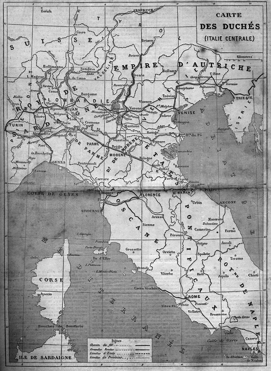 Geografisk karta över hertiginnan av centrala Italien 1860. Gravyr i "" Le Monde Illustré"" nr 143 av 7 januari 1860. av French School