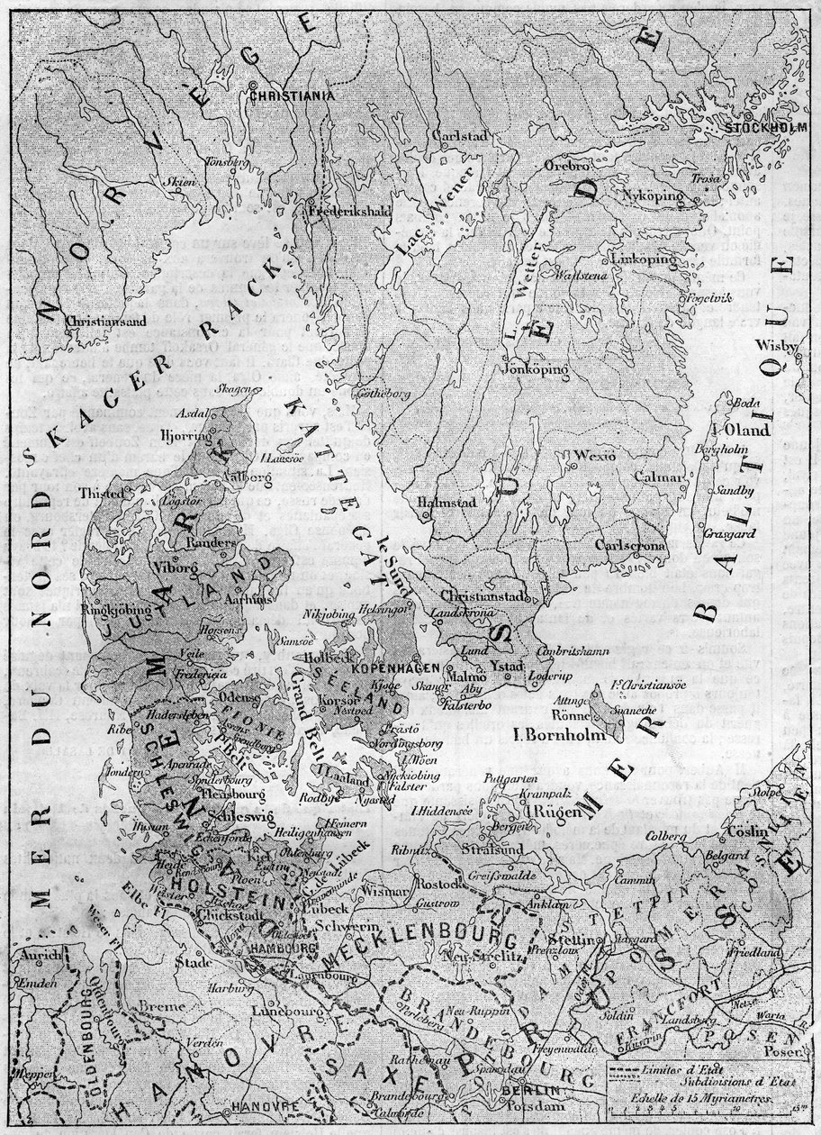 Geografisk karta över Danmark 1861, med hertiginnan av Schleswig, Holstein och Lauenburg. Gravyr i "" Le Monde Illustré"" nr 200 av 9 februari 1861. av French School