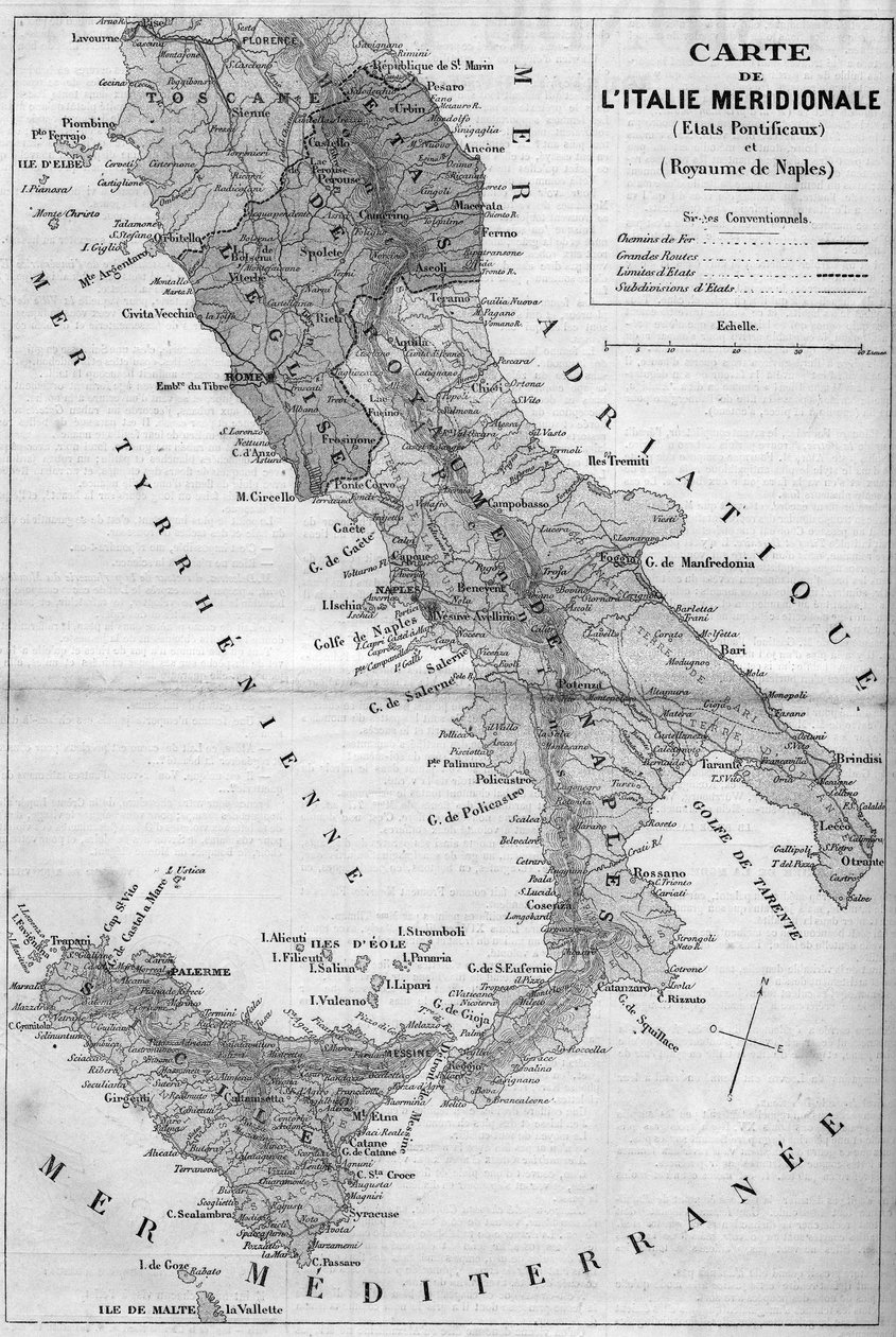 Geografisk karta över Meridional Italien 1860: Påvliga stater och kungariket Neapel. Gravyr i "" Le Monde Illustré"" nr 163 av 26 maj 1860. av French School