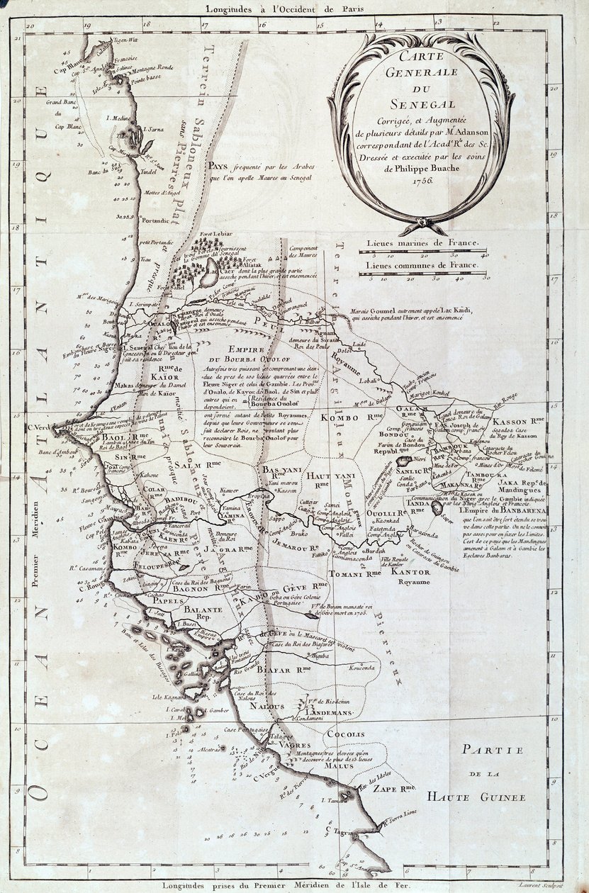 Geografisk karta över Senegal från en atlas av Philippe Buache (1700-1773) 1756 Paris, Naturhistoriska museet av French School