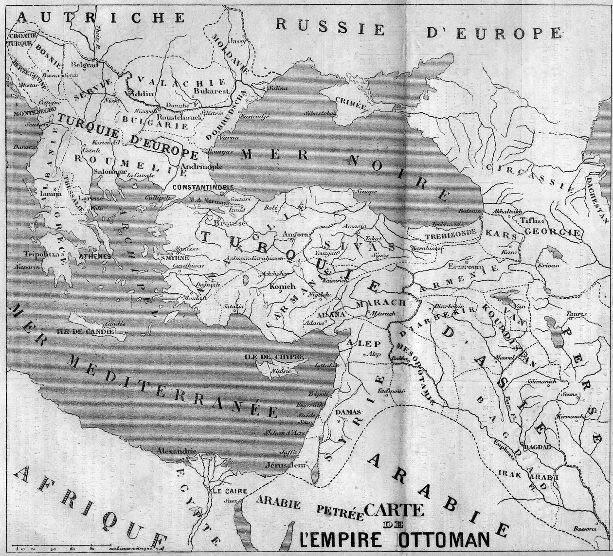 Geografisk karta över det osmanska riket 1860. Gravyr i "" Le Monde Illustré"" nr 173 av 4 augusti 1860. av French School