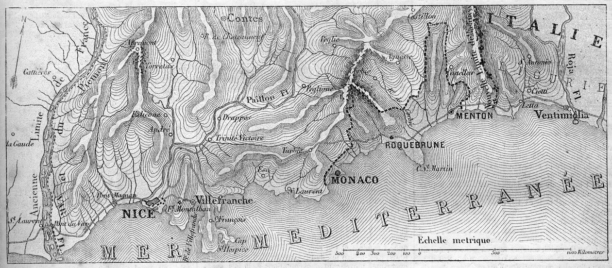 Geografisk karta över Principaute de Monaco, 1861, innan staden Roquebrune och Menton anslöt sig till Frankrike. Gravyr i "" Le Monde Illustré"" nr 202 av 23 februari 1861. av French School