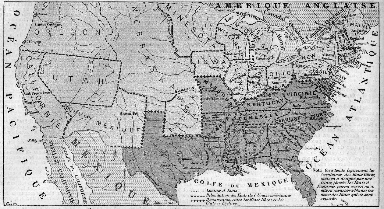 Geografisk karta över USA i mars 1861. Slaveristater är representerade i flykten. Skrivet i vitt, namnen på de sju konfedererade stater som separerade från unionen: Texas, South Carolina, Mississippi, Florida, Alabama, Georgi av French School