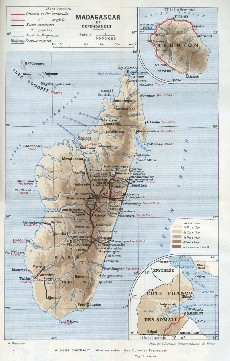 Geografisk karta över kolonin Madagaskar och dess besittningar, Reunion och den franska kusten Somalia. i "La mise en valeur des colonies francaises", Albert Sarraut av French School