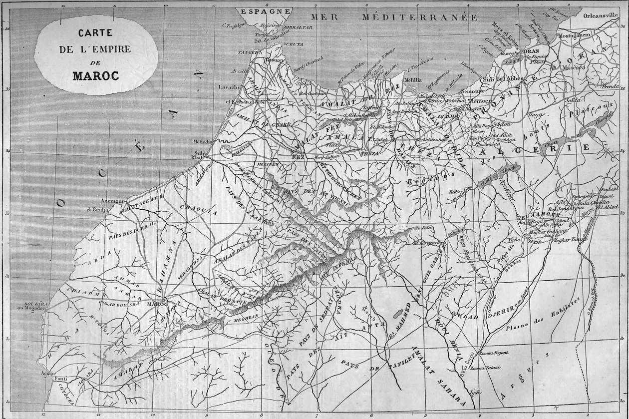 Geografisk karta över kejsardömet Marocko 859. Gravyr i "" Le Monde Illustré"" nr 129 av 1 oktober 1859. av French School