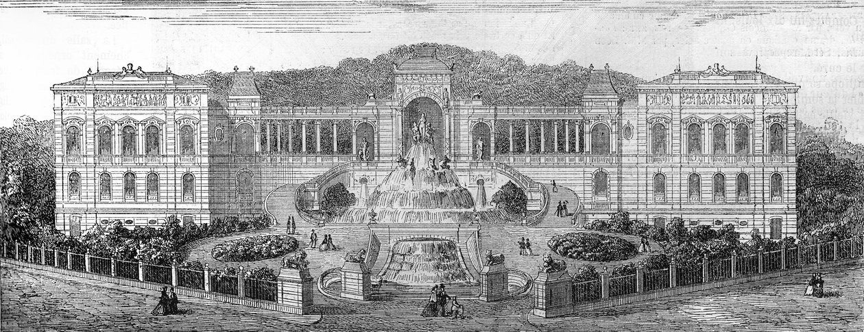 Geometrisk vy av Palais de Longchamp i Marseille, Bouches du Rhone (13), byggd 1862 av Henri Jacques Esperandieu (1829-1874). Gravyr i "" Den illustrerade världen"" nr 681 den 30 april av French School