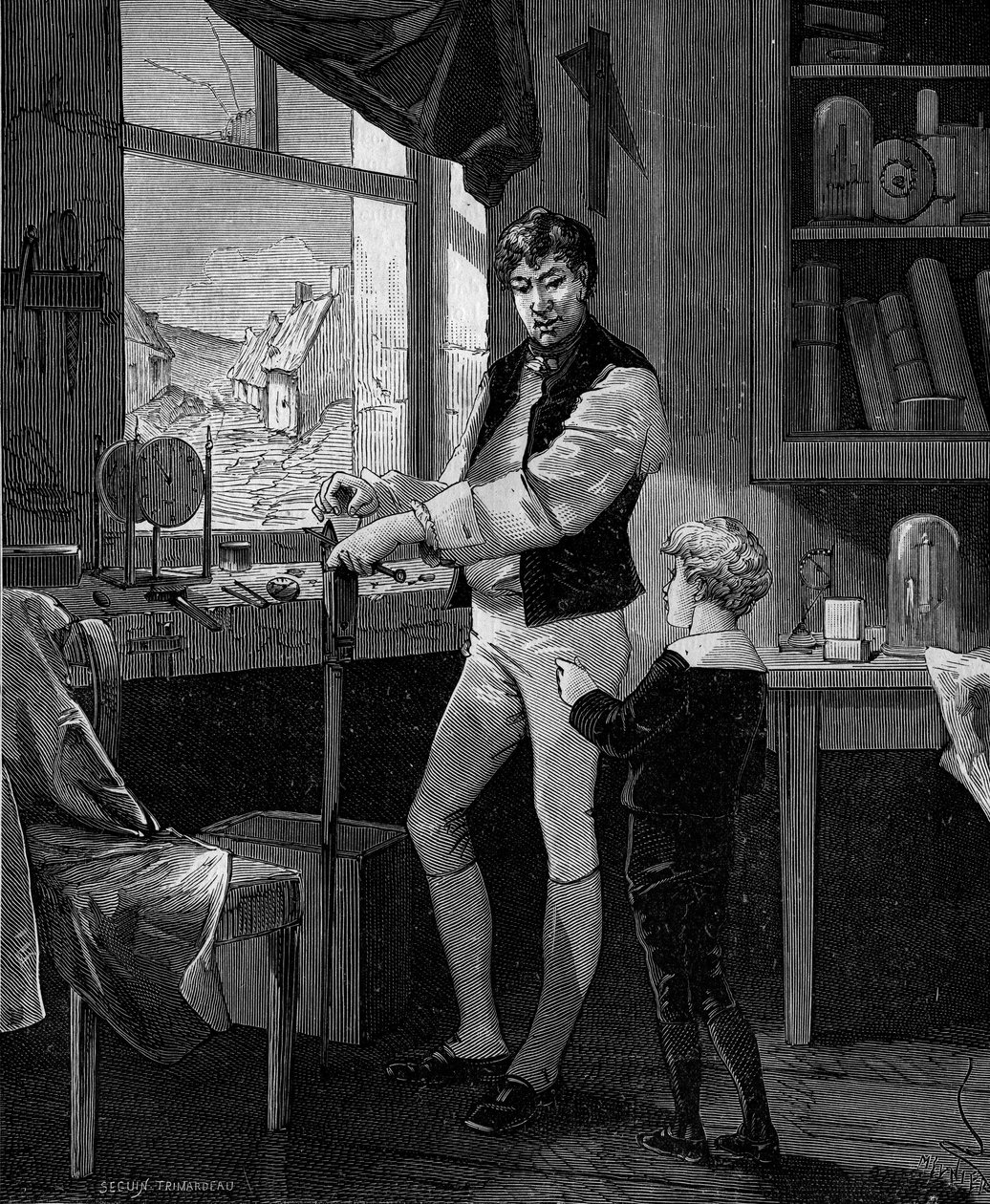 George Stephenson, brittisk ingenjör (1781-1848) med sin son. av French School