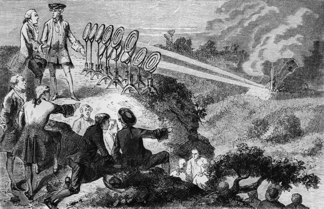 Georges-Louis Leclerc (1707-88) Greve de Buffon experimenterar med flammande speglar på höstackar vid Montbard, från La Vie des Savants Illustres av Louis Figuier, publicerad i Paris 1872 (bw p av French School