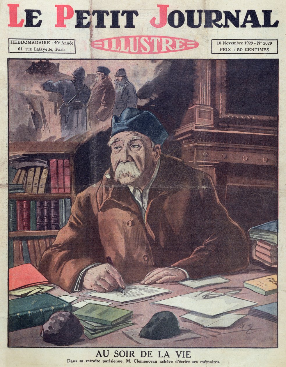 Georges Clemenceau (1841-1929) i ålderdom, omslag till Le Petit Journal 10 november 1929 av French School