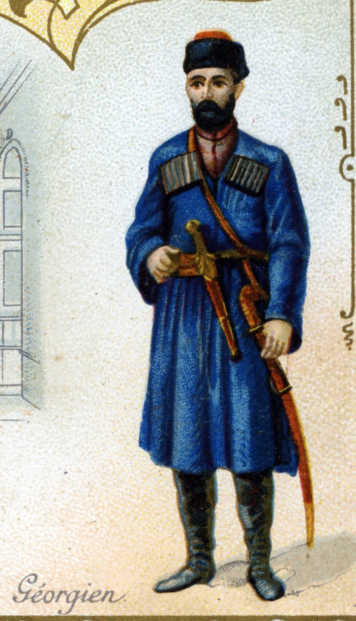 georgisk hane. Upplaga av den parisiska litografin, slutet av 1800-talet. Serie om 25 reklamkromoner för Dijon-tillverkningen av Biscuits Pernot, skapad 1869. Detalj av karaktärerna i traditionell kostym av French School