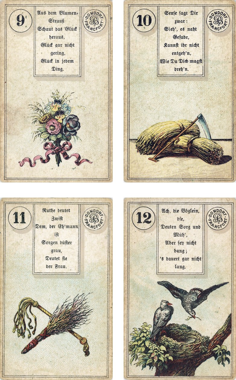 Tyska utgåvan av Lenormands franska kartomantäck: The Flowers, The Scythe, The Birch-rodThe Whip, The Birds, utgiven av Dondorf, Frankfurt, 1800-talet av French School