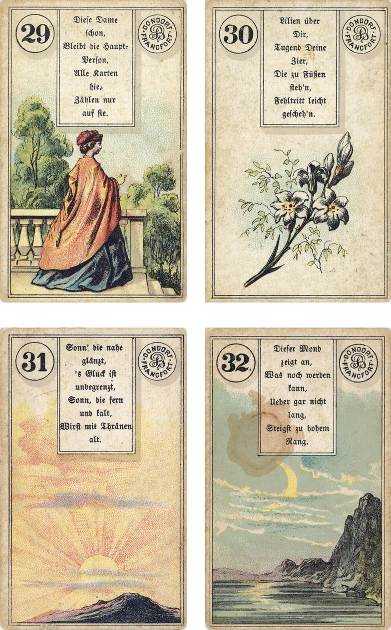 Tyska upplagan av Lenormand French cartomancy däck: The Lady, The LiliesThe Lily, The Sun, The Moon, utgiven av Dondorf, Frankfurt, 1800-talet av French School