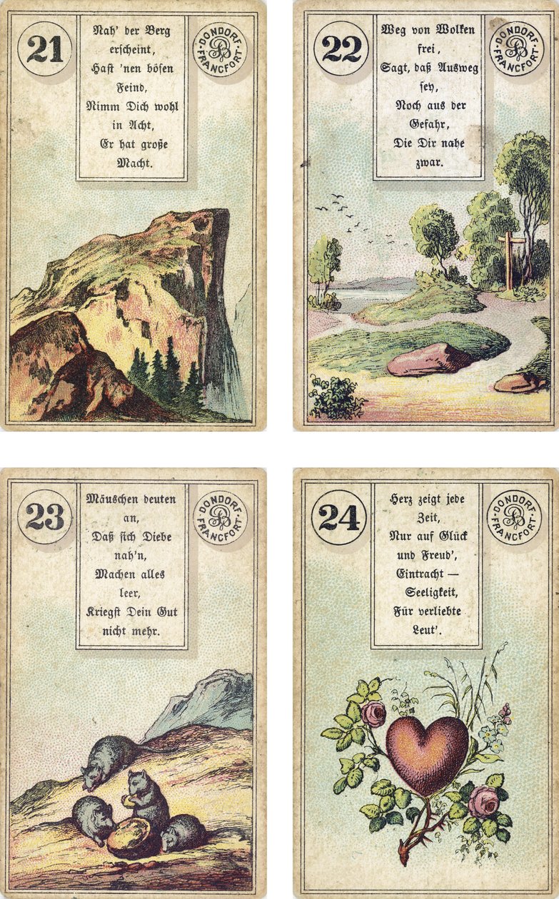 Tyska utgåvan av Lenormand French cartomancy deck: The Mountain, The Road, The Mice, The Heart, utgiven av Dondorf, Frankfurt, 1800-talet av French School