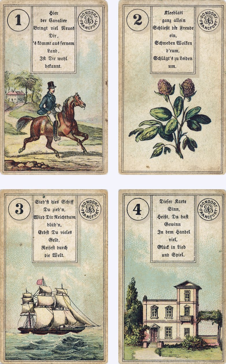 Tyska utgåvan av Lenormand French cartomancy däck: The Rider, The Clover, The Ship, The House, utgiven av Dondorf, Frankfurt, 1800-talet av French School