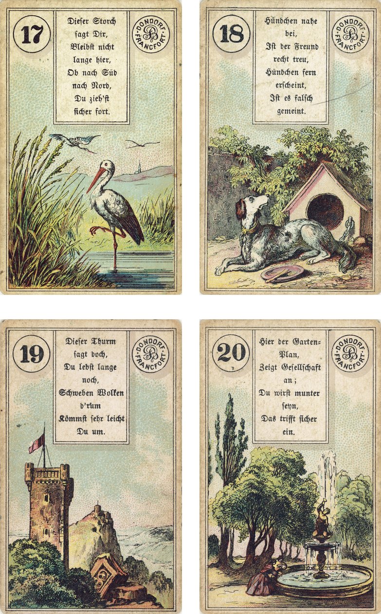 Tyska utgåvan av Lenormand French cartomancy däck: Storken, Hunden, Tornet, Trädgården, utgiven av Dondorf, Frankfurt, 1800-talet av French School