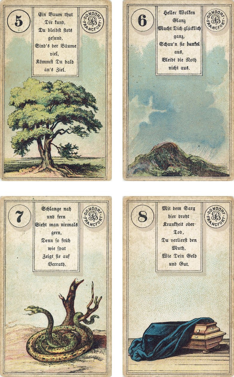 Tyska utgåvan av Lenormand French cartomancy däck: The Tree, The Clouds, The Snake, The Coffin, utgiven av Dondorf, Frankfurt, 1800-talet av French School