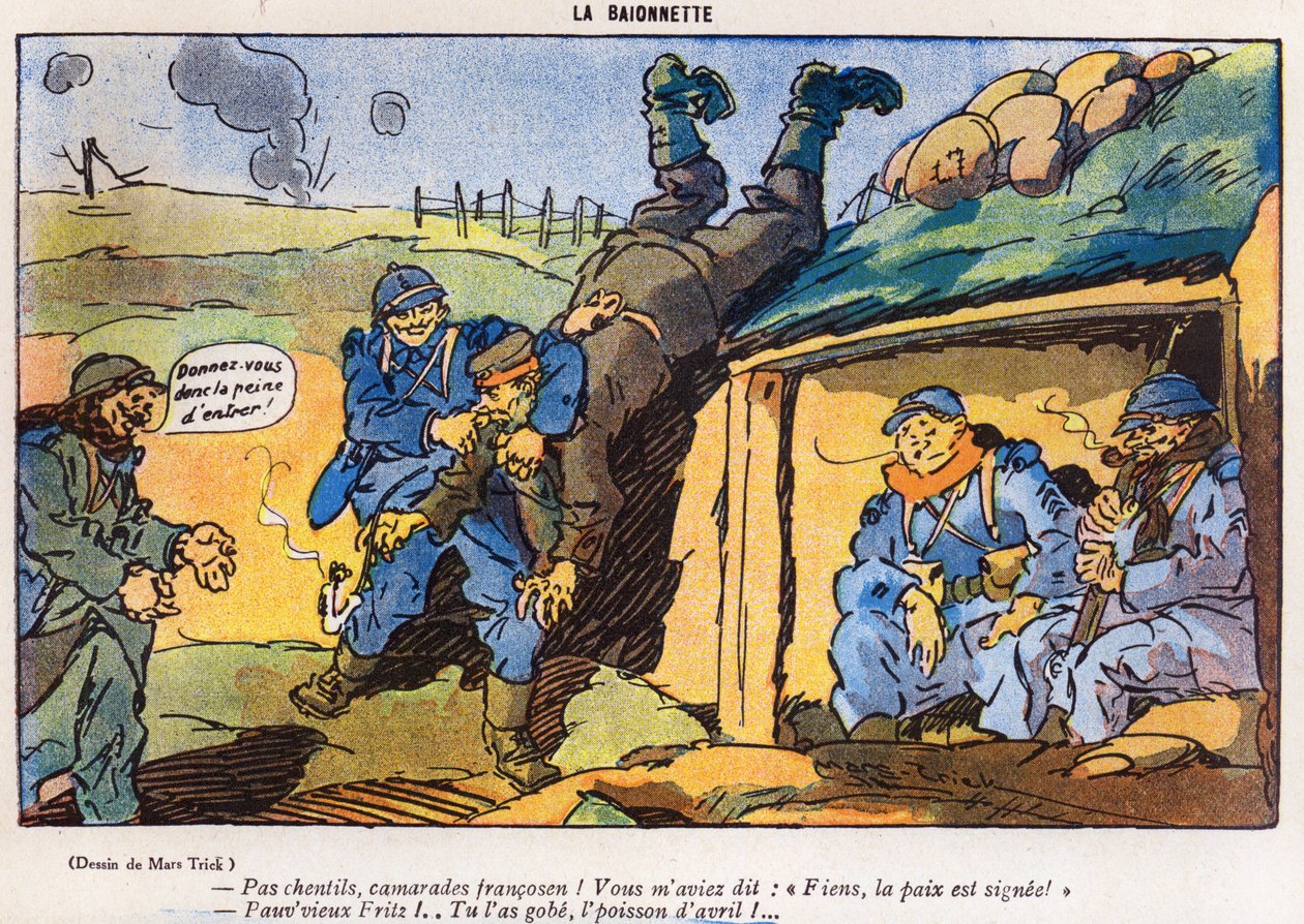 Tysk soldat tillfångatagen av franska soldater som ett resultat av ett trick, tecknad serie från April Fools Day (Poisson dAvril) upplagan av La Baionette magazine, 29 mars 1917 av French School