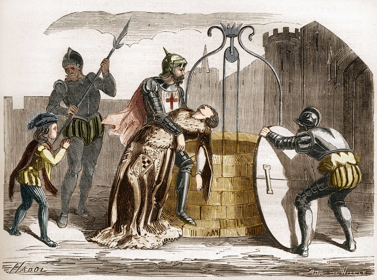 Gilles de Rais (Retz eller Rays) (1404-1440), marechal av Frankrike gör sin hustru perir. Gravyr i "Prostitutionens och utsvävningens historia bland alla världens folk från antiken till våra dagar" av Dr Th. -F. Debray. 1879. av French School