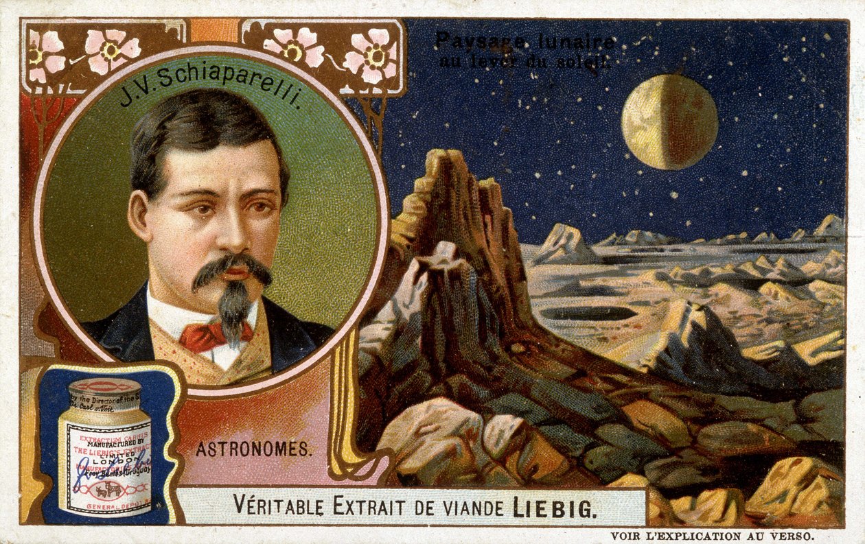 Giovanni Virginio Schiaparelli (1835-1910), italiensk astronom och månlandskap - kromolitografi Liébig, ca 1900 av French School