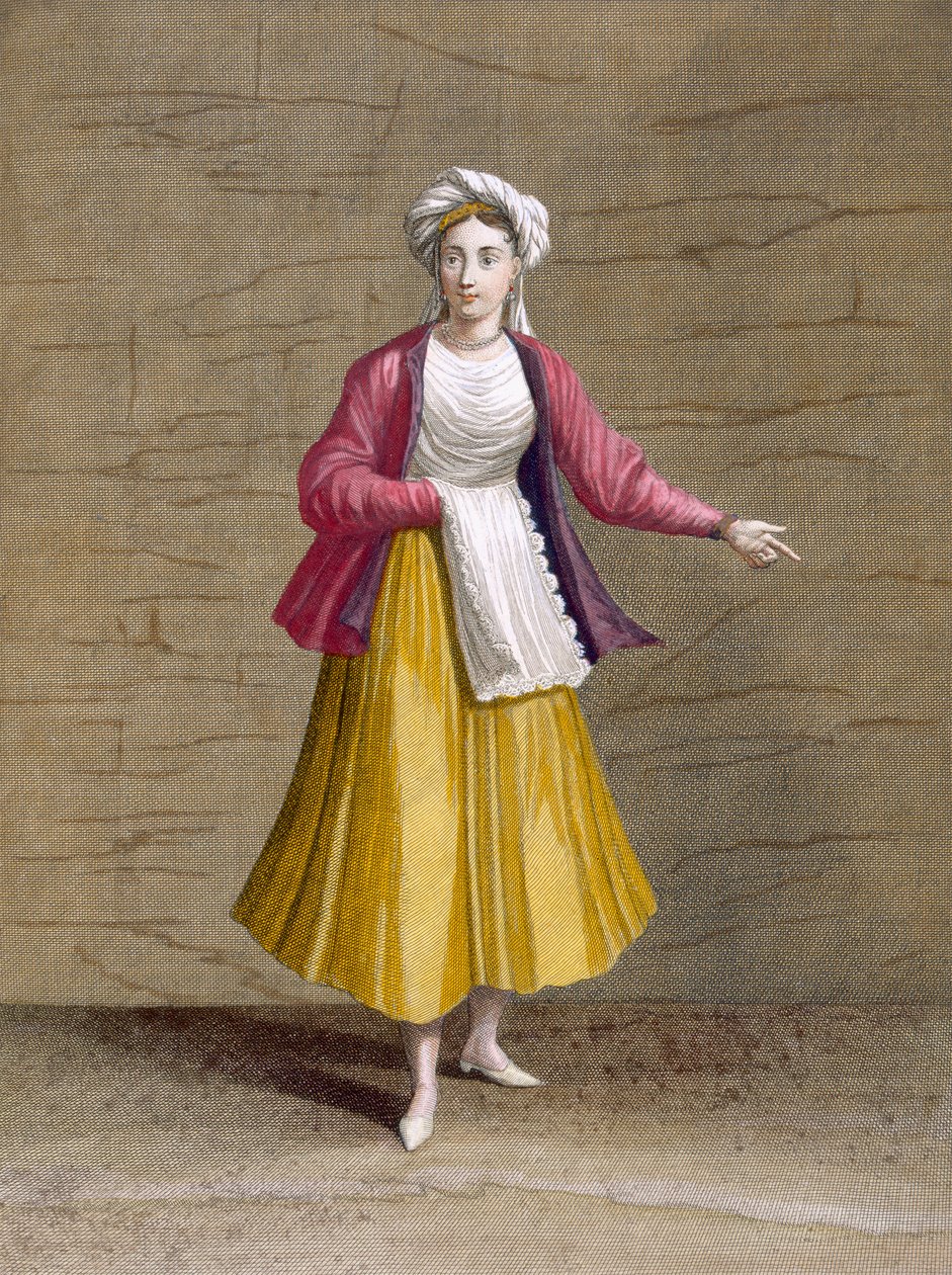 Flicka från St. John of Patmos, från samling av hundra tryck som representerar Levantens olika nationer av Charles de Ferriol, graverad av Gerard Scotin (1671-1716), 1707-08 (färgad eng. av French School
