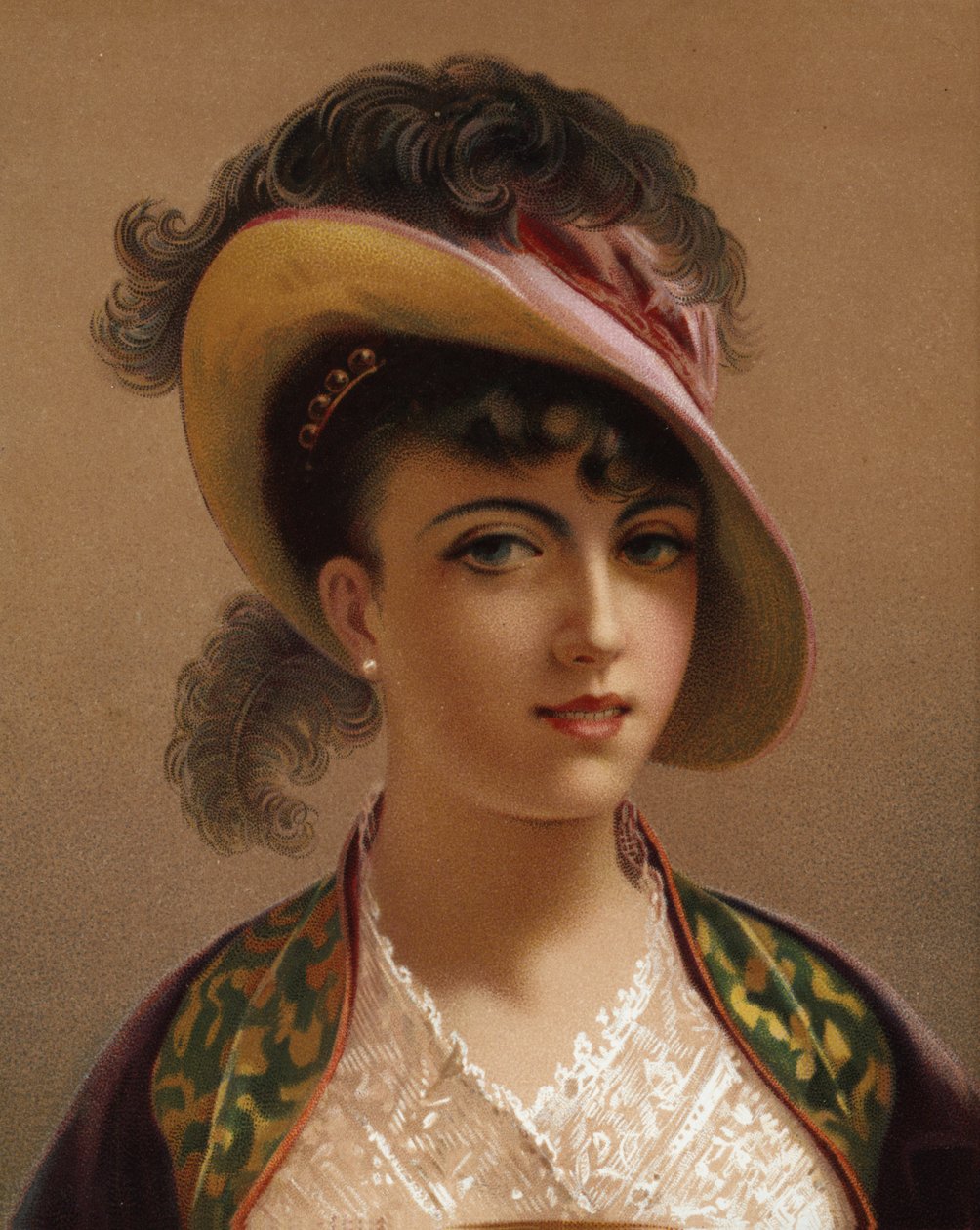 Flicka i rosa hatt (chromolitho) av French School