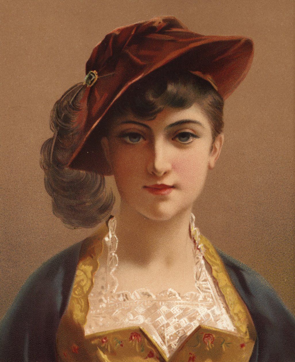 Flicka i röd sammetsmössa (chromolitho) av French School
