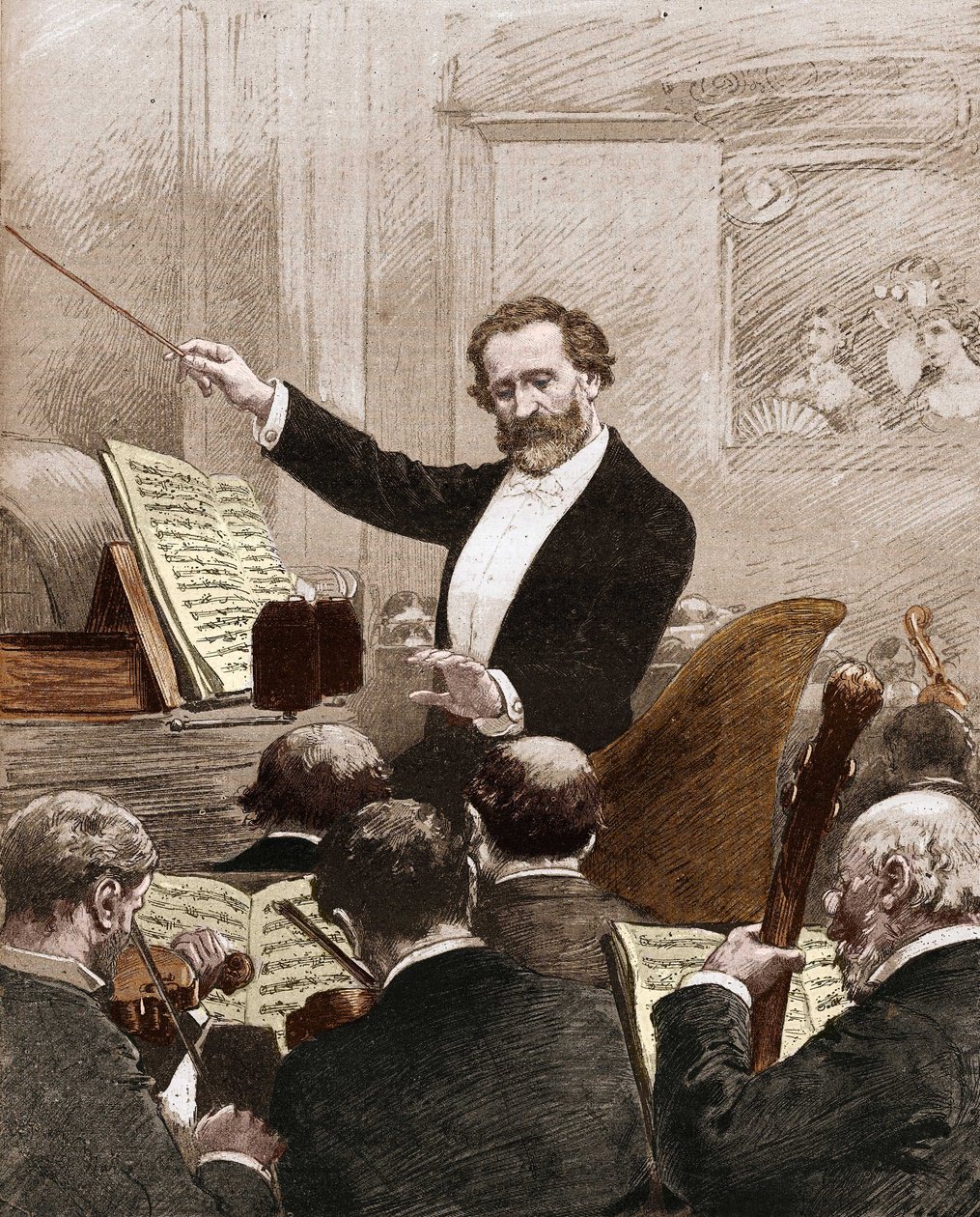 Giuseppe Verdi ledde operaorkestern till den första representationen av "" Aida" i Paris 1880. av French School