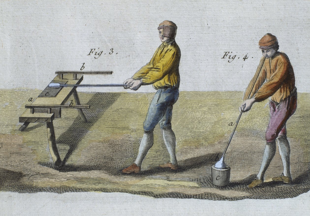 Glasblåsning, detalj, illustration från Encyclopedie des Sciences et Metiers av Denis Diderot (1713-84) graverad av Robert Benard (fl.1734) publicerad ca 1770 (färgstick) (se även 326118) av French School