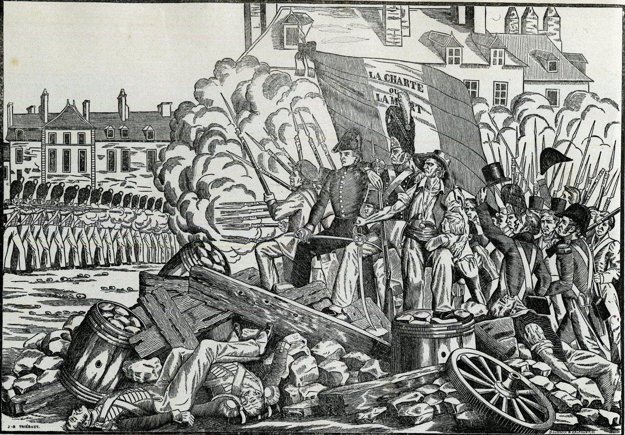 Härliga och minnesvärda strider i juli 1830 i stadshuset i Paris - Revolution de 1830 - Striderna under juli 1830 i Paris. av French School