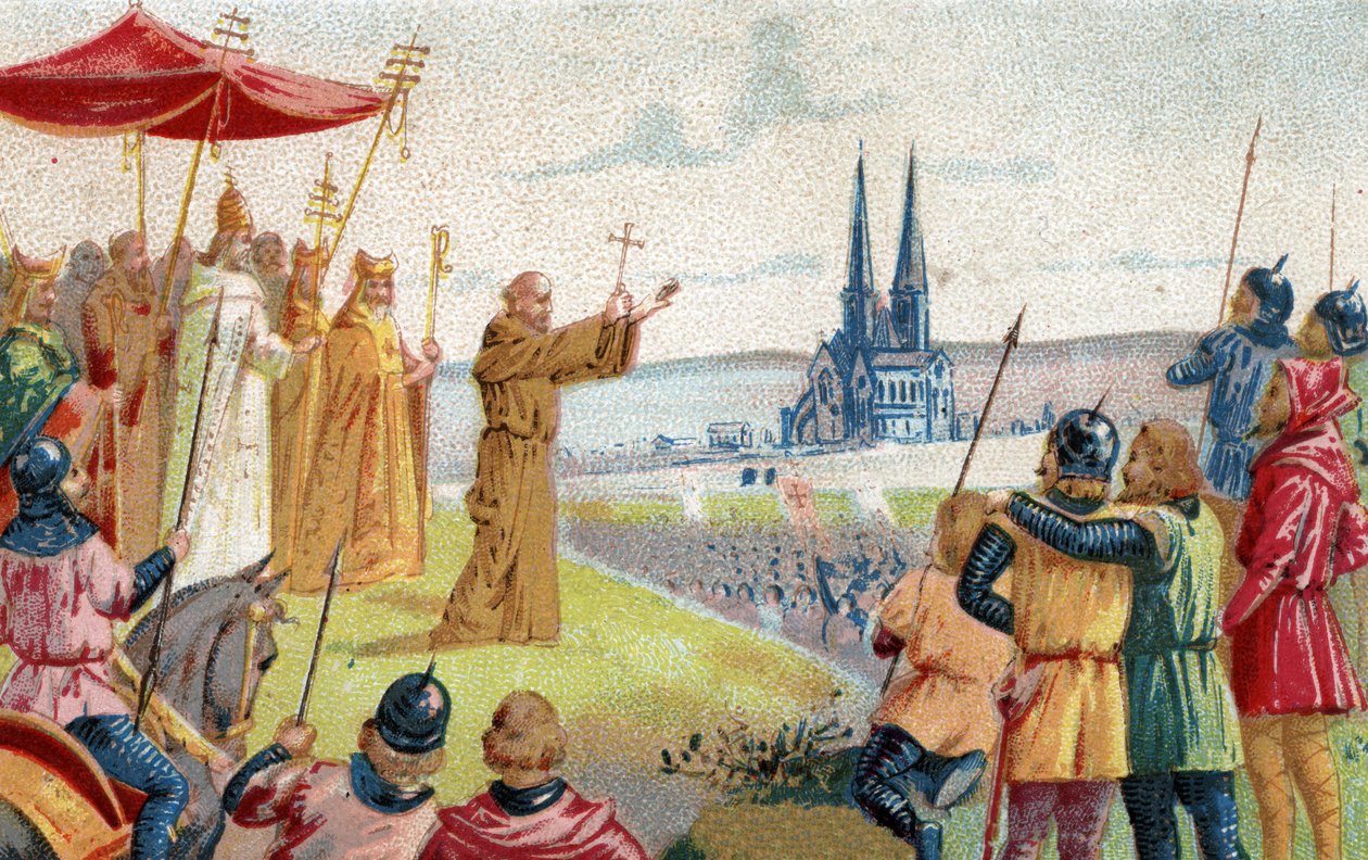 Gud vill ha det! Eremiten Peter som predikar korståget (1095 - 1099) Kromolitografi från slutet av 1800-talet. av French School