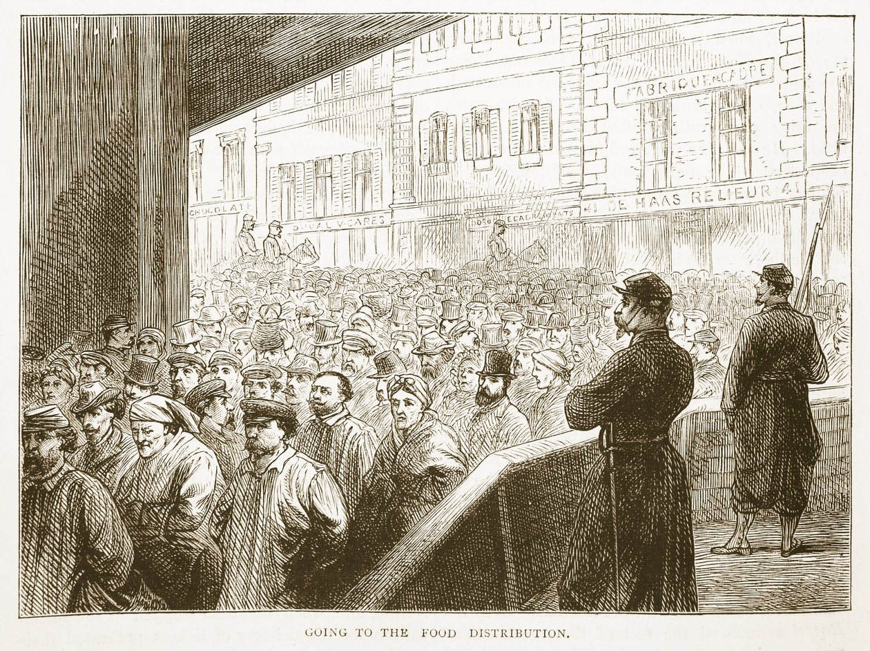 Går till matdistributionen, illustration från Cassells historia om kriget mellan Frankrike och Tyskland, 1870-1871 av French School