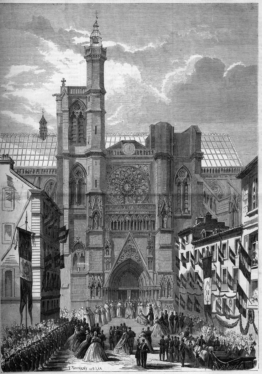 Gotisk arkitektur: utsikt över katedralen Notre Dame de Clermont Ferrand (Clermond-Ferrand), Puy de Dome (63), under besöket av Napoleon III och imponen Eugenie de Montijo 1862. Gravyr i "" Le Monde Illustré"" n °275 av 19 juli 1862. av French School