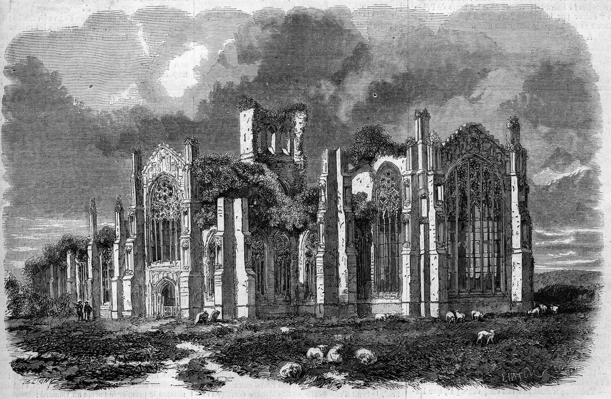 Gotisk arkitektur: utsikt över ruinerna av Melrose Abbey (1100-talet), Skottland av French School